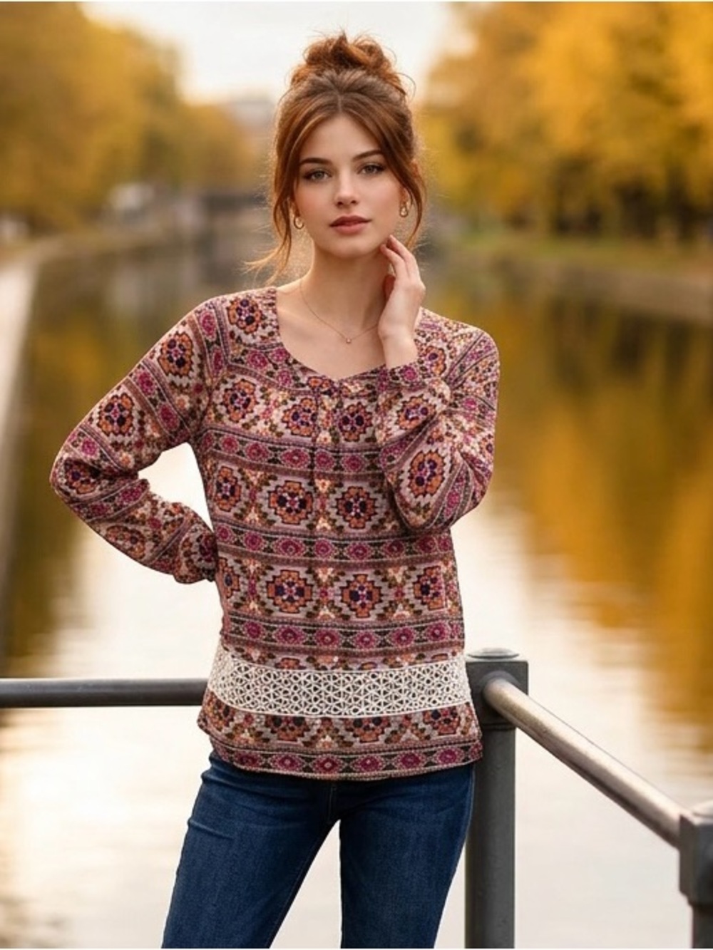 Pink Owl Rose and Cream Mosaic Lace-Hem Long Sleeve Tunic